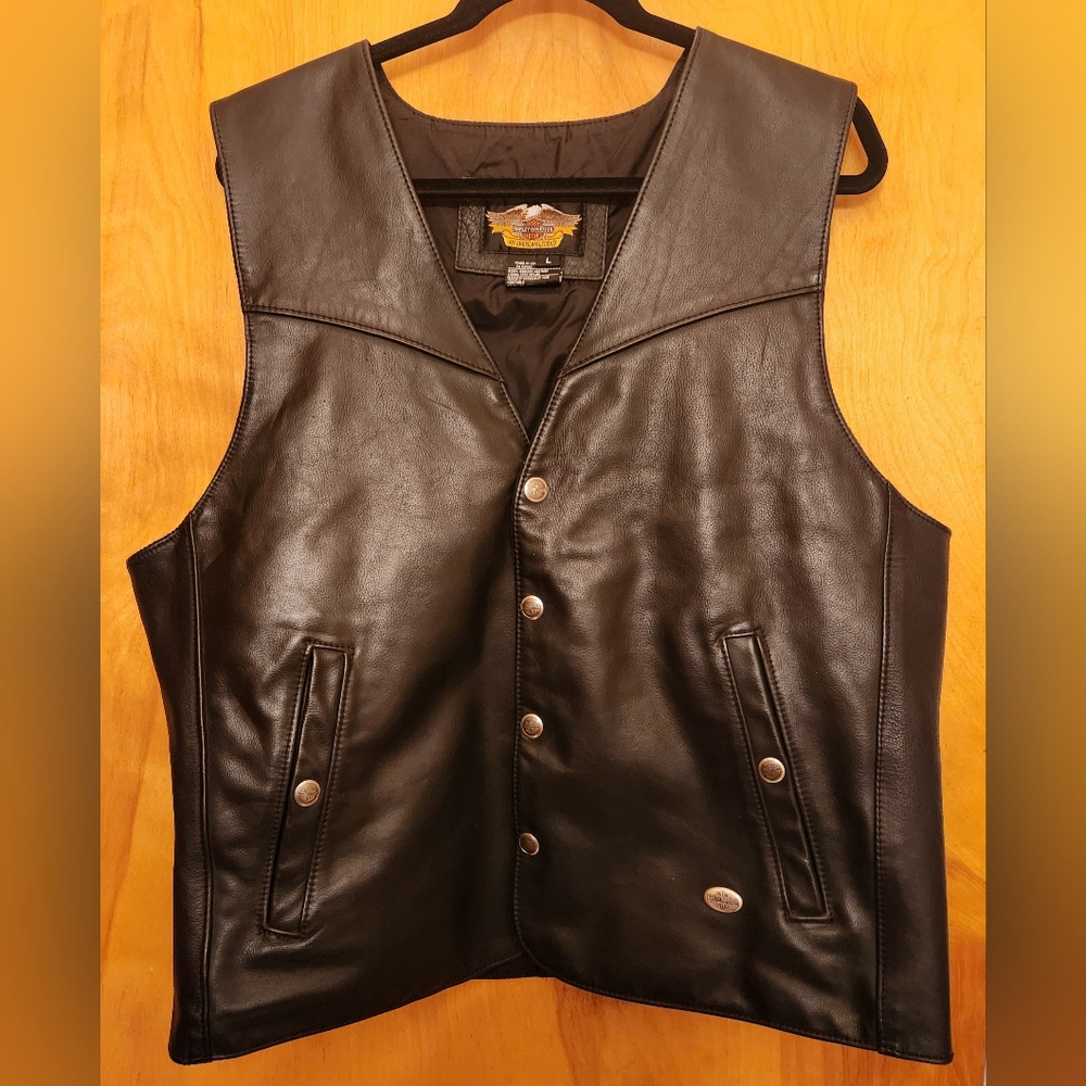Vintage Harley-Davidson Mens Black Leather Motorcycle Vest Size Large